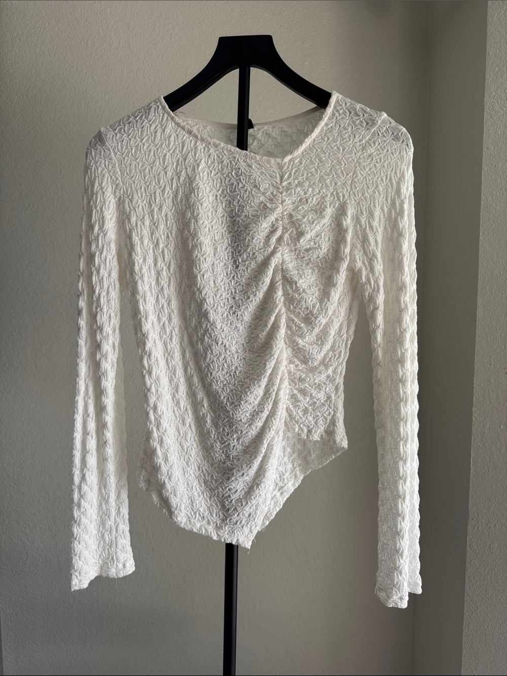 Windsor White Textured Ruched Asymmetric Long Sleeve Top